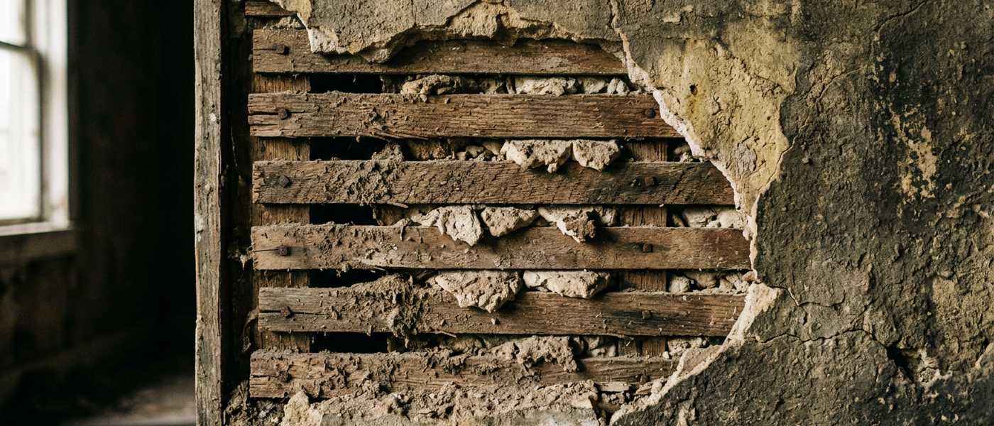 Broken plaster fallen away from an old interior wall to expose narrow horizontal wooden lath strips and crumbled plaster keys behind