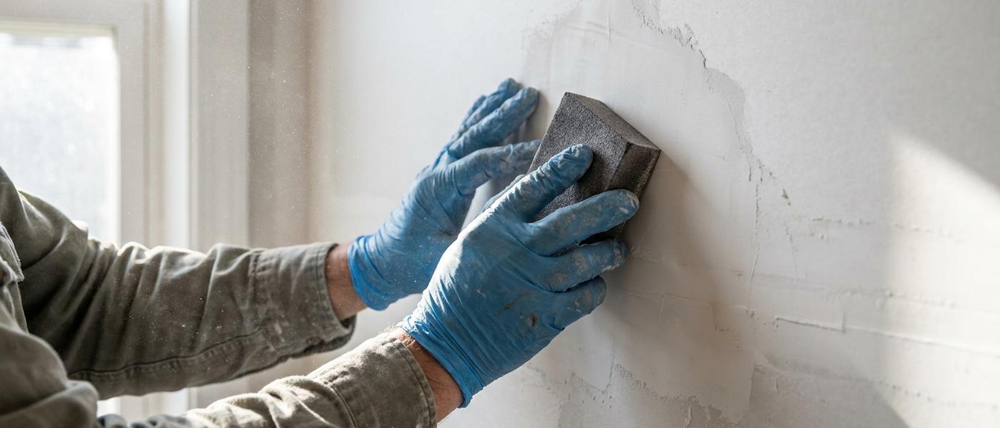 Gloved hands sanding a feathered drywall patch smooth with a fine sanding sponge in raking daylight