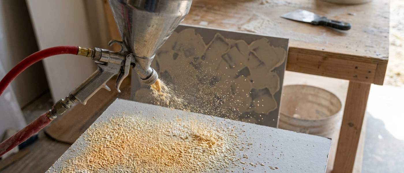 A hopper gun and drywall texture sample boards on a workbench, one board showing a sprayed pattern