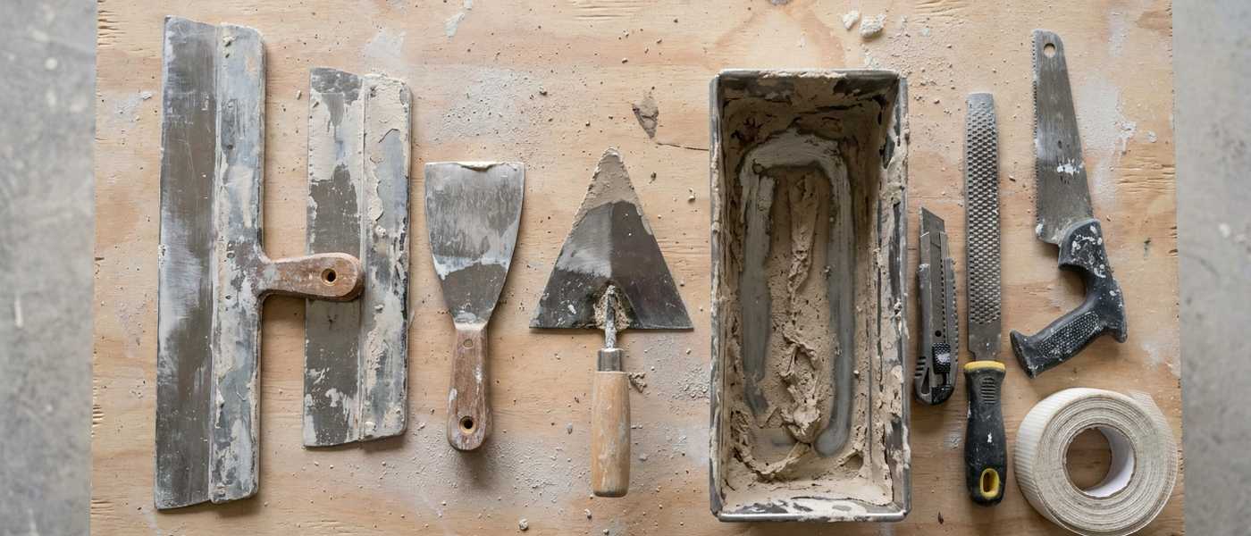 Overhead flat lay of drywall finishing tools on plywood: taping knives of three widths, a corner trowel, a mud pan, a rasp, a utility knife, a saw and a roll of tape